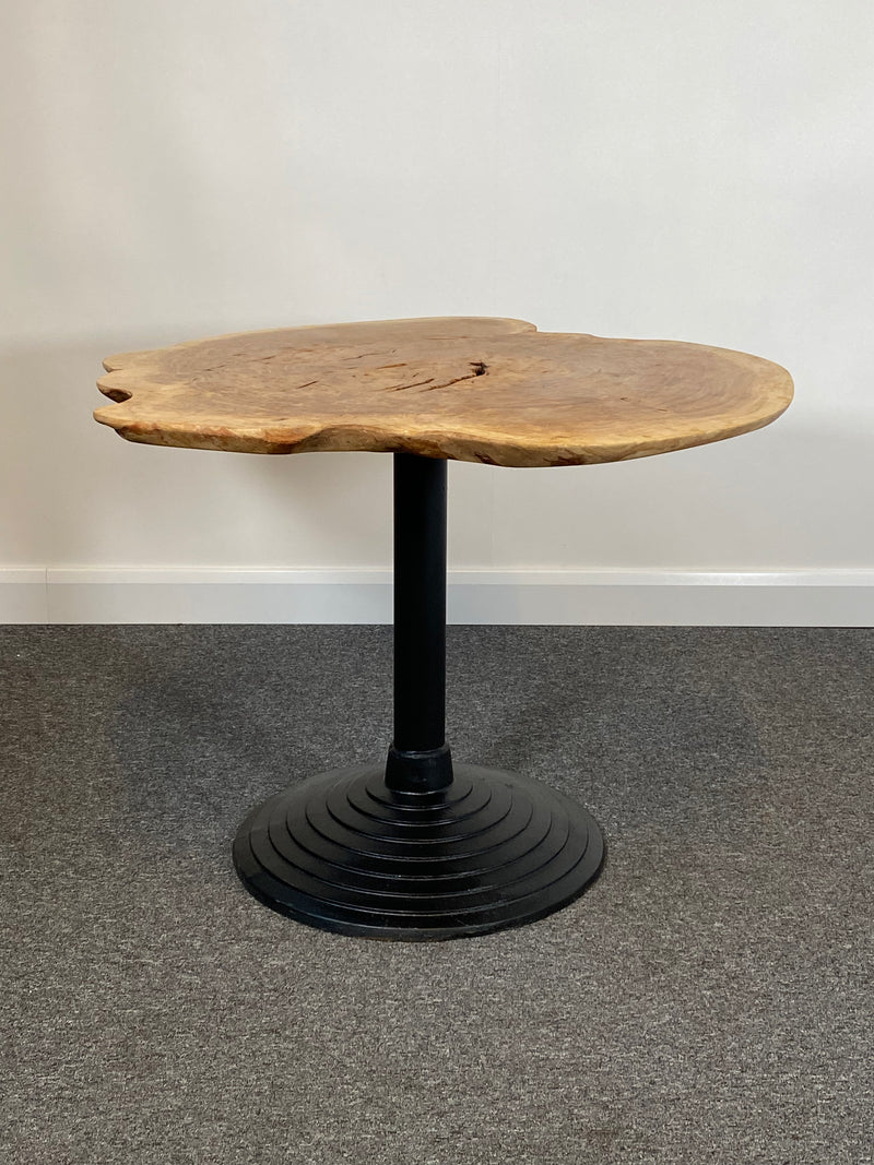 Handmade Elon Oak Burr 100x93cm Round Dining Table with Iron Pedestal Base