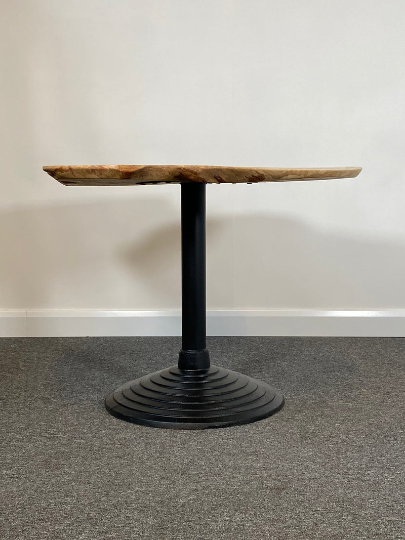 Handmade Elon Oak Burr 100x93cm Round Dining Table with Iron Pedestal Base