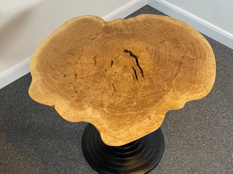 Handmade Elon Oak Burr 100x93cm Round Dining Table with Iron Pedestal Base