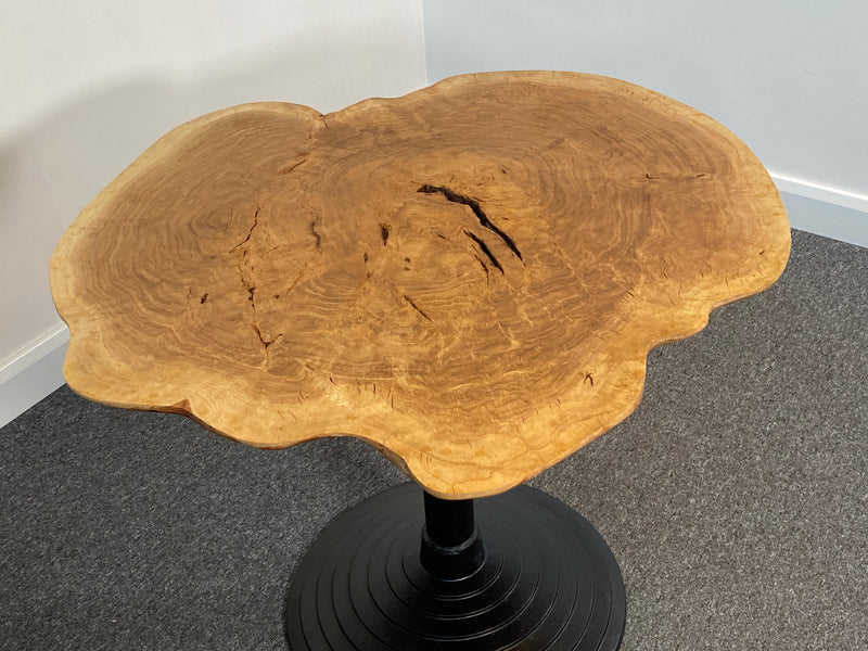 Handmade Elon Oak Burr 100x93cm Round Dining Table with Iron Pedestal Base