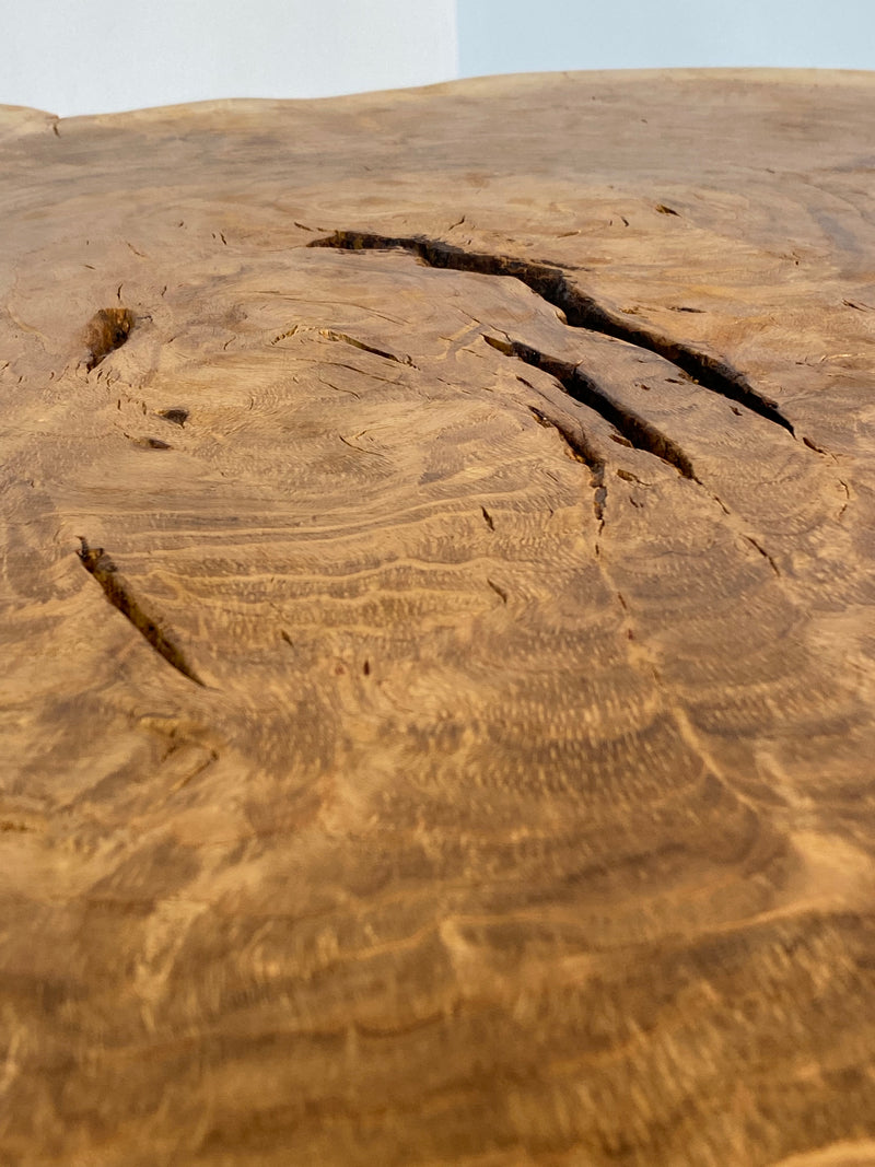 Handmade Elon Oak Burr 100x93cm Round Dining Table with Iron Pedestal Base