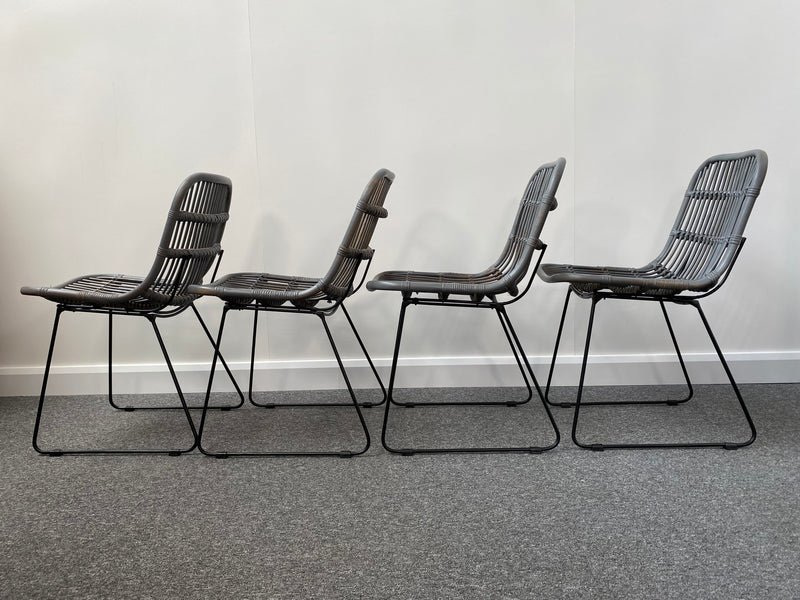 Set of 4 Santos Grey Wood & Rattan Dining Chairs