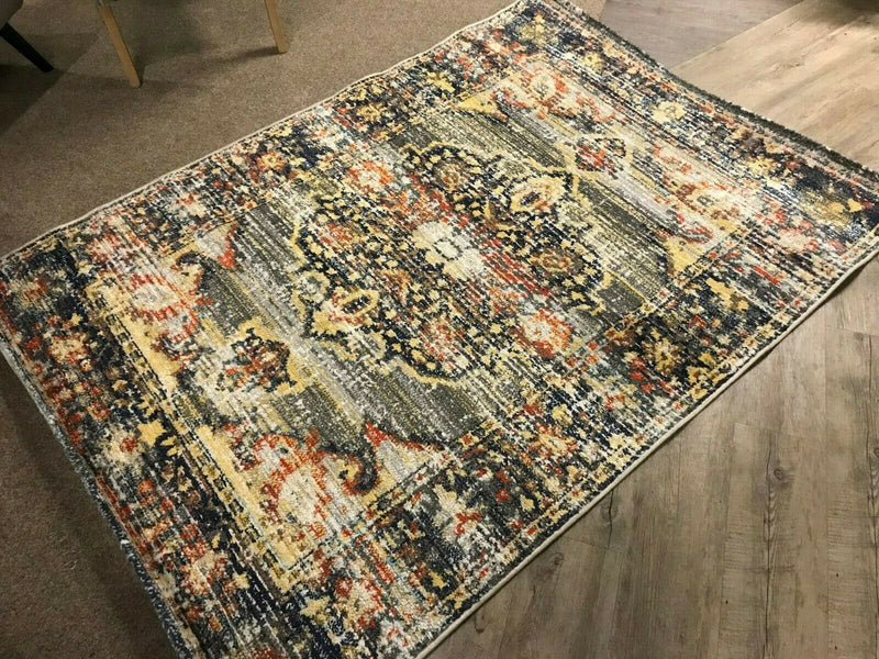 Asher 140 x 200cm Faded Distressed Vintage Style Area Rug: Yellow/Blue