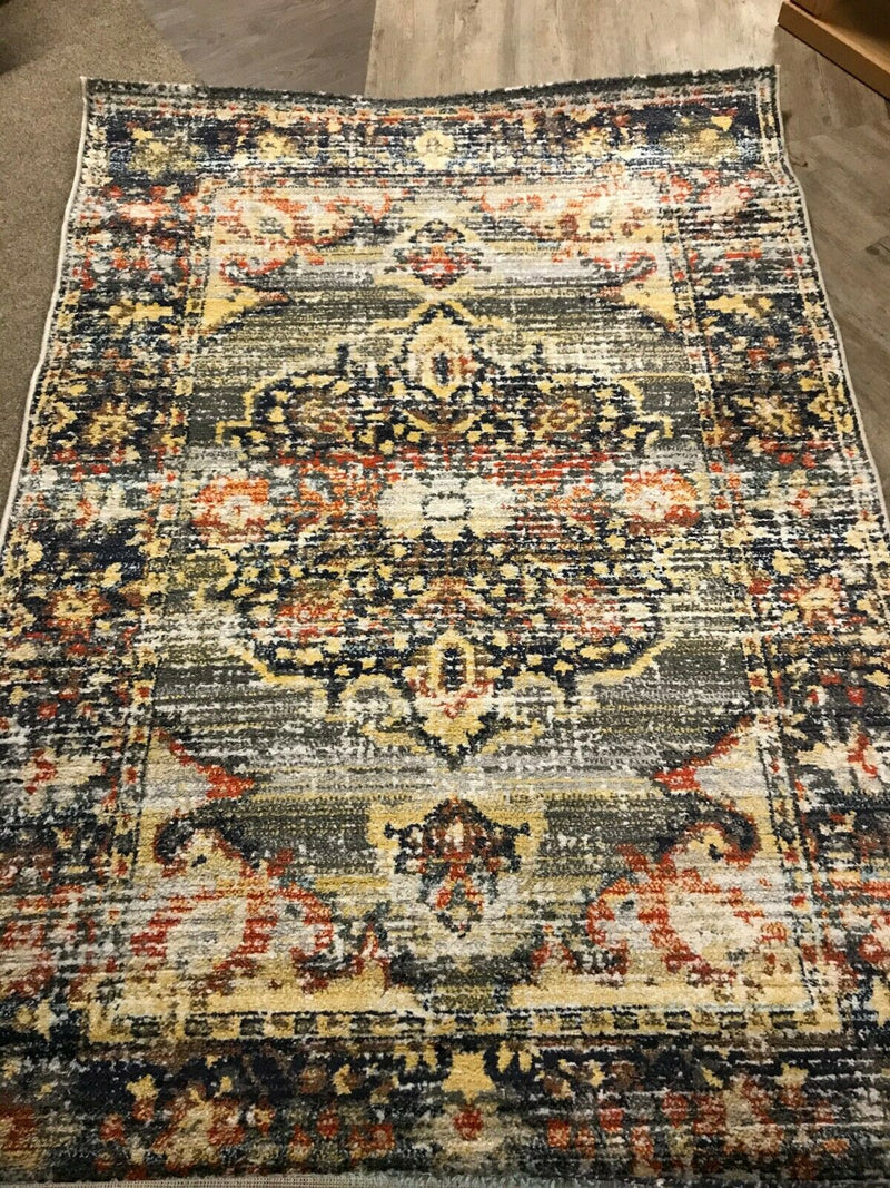 Asher 140 x 200cm Faded Distressed Vintage Style Area Rug: Yellow/Blue