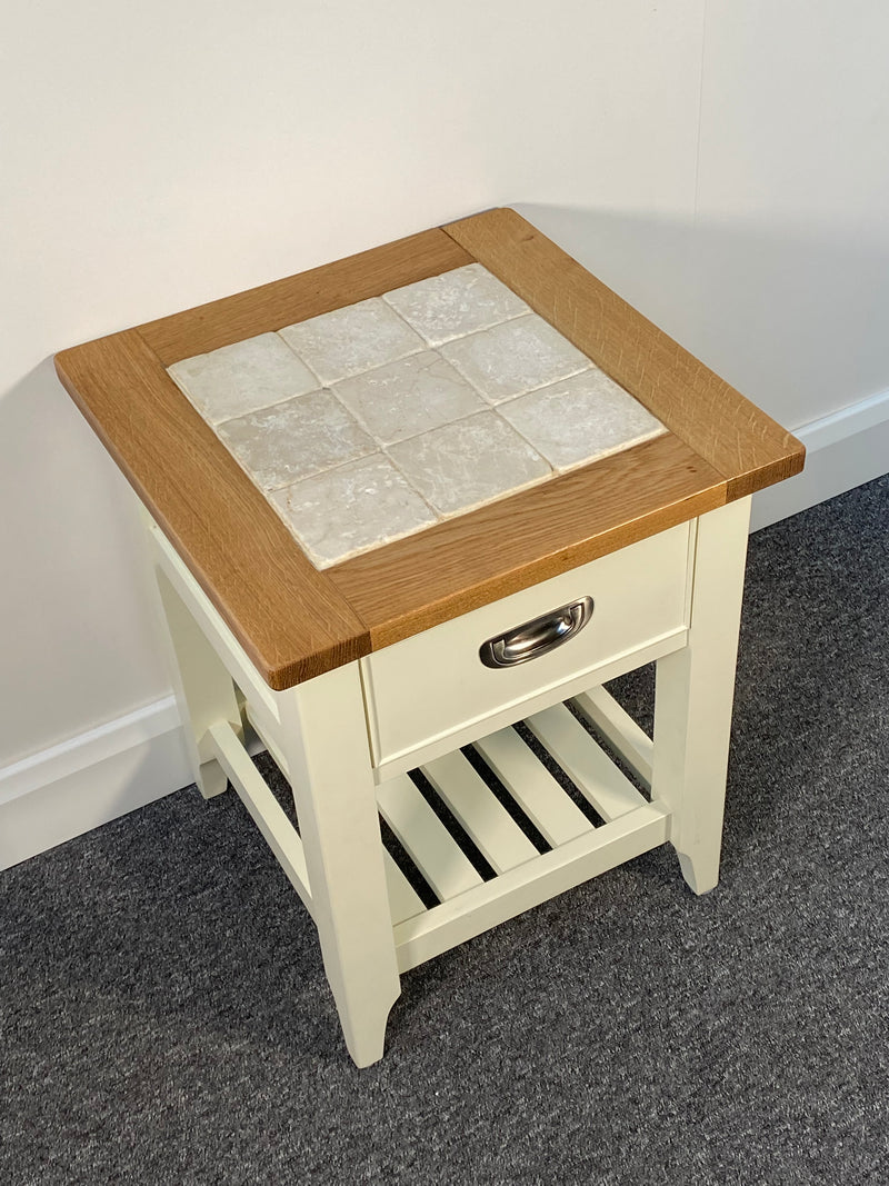 Newquay Marble Inlaid Oak & Cream 1 Drawer Side Table