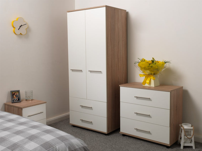 Solo 3 Piece Two-Tone Bedroom Furniture Set: Combi Wardrobe, Chest of Drawers and Bedside