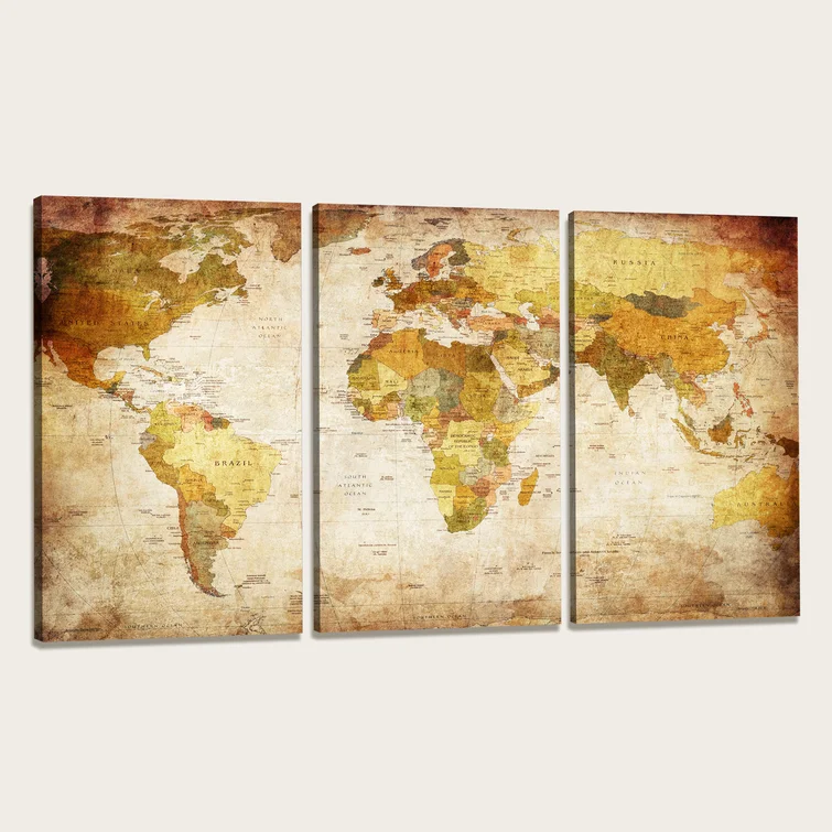 Set of 3 Canvas 90 x 54cm Art Prints: Akrima World Map